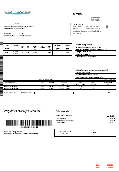 Moldova Gas business utility bill template in Word and PDF formats
